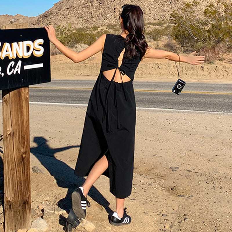 Korean Style Round Neck Drawstring Waist Slimming Long Dress 2025 New Solid Color Slimming Sleeveless Slit Tank Dress Plus Size
