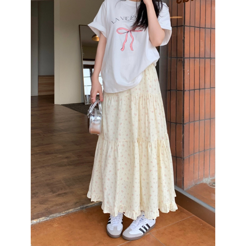 Gentle Style Ruffled Floral Midi Skirt 2025 Women's Summer Niche High-Waisted A-Line Skirt Tiered Skirt Umbrella Skirt Trendy Women's Fashion