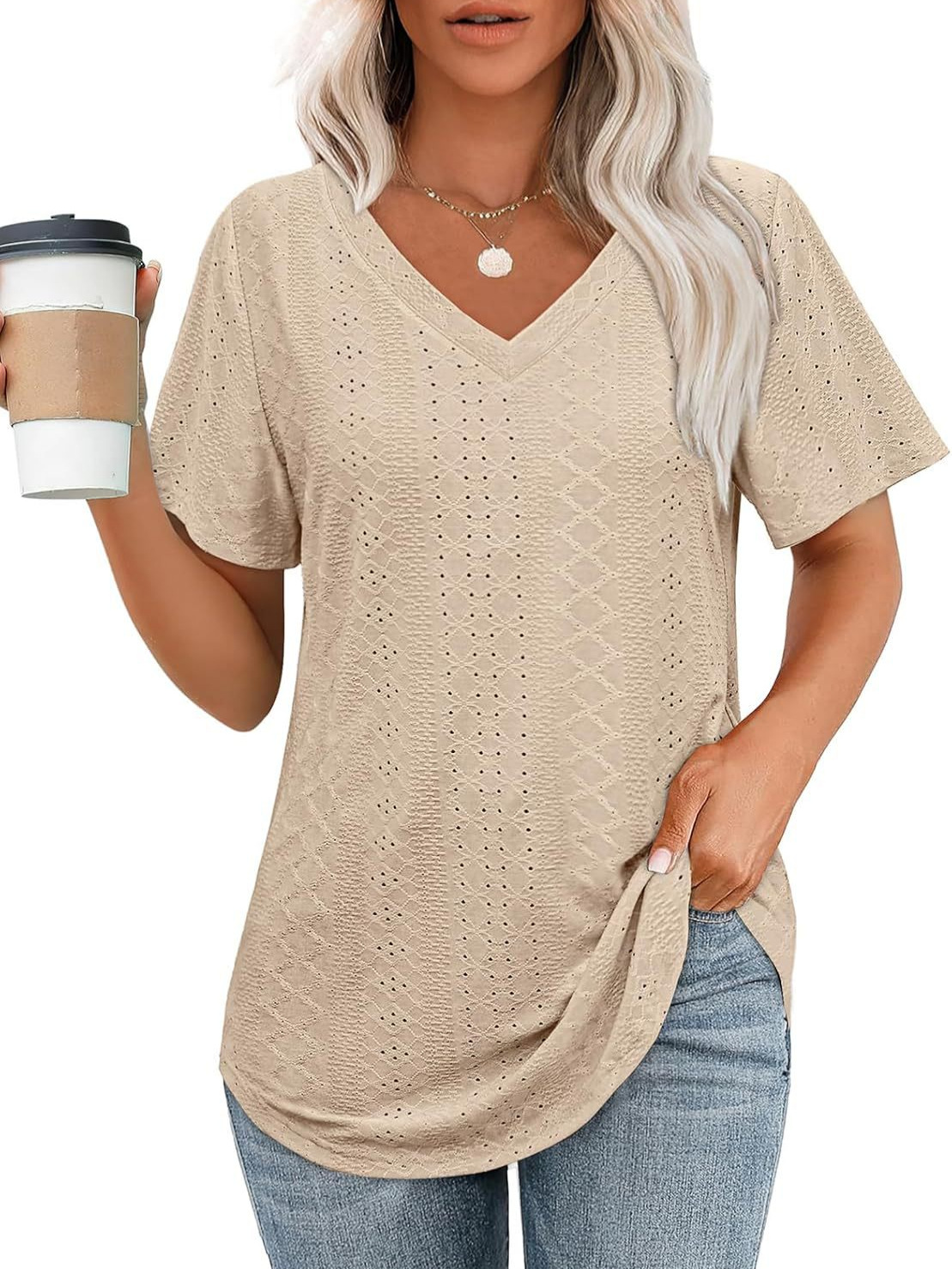 Amazon Europe and the United States cross-border 2025 spring and summer new women's hollow temperament casual V-neck short sleeve T-shirt top