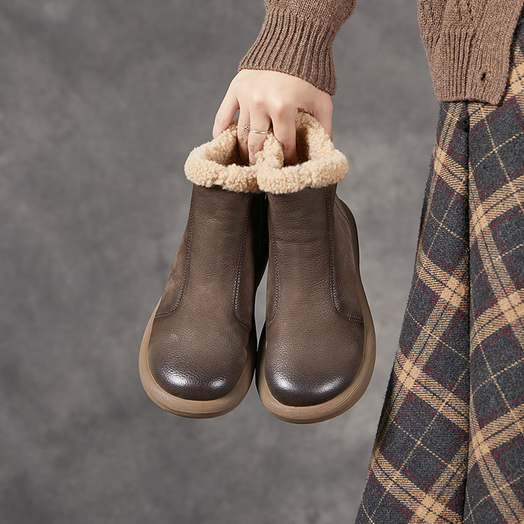 Platinum Disi Winter New Top Layer Cowhide Snow Boots Women's Thickened Lambskin Lined Casual All-Match Women's Cotton Boots