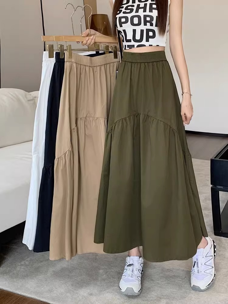 Simple Slimming small half-length summer new Korean style fashionable design pleated stitching elastic waist long skirt