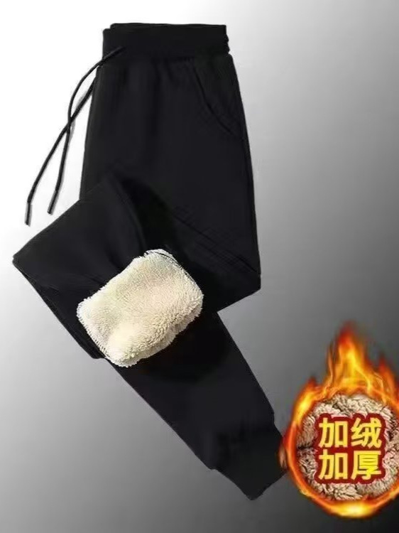 Casual fleece-lined Snow Trousers for Men and Women Autumn and Winter plus size Drawstring fleece-lined Thickened Lamb Fleece Sports Casual Trendy Pants