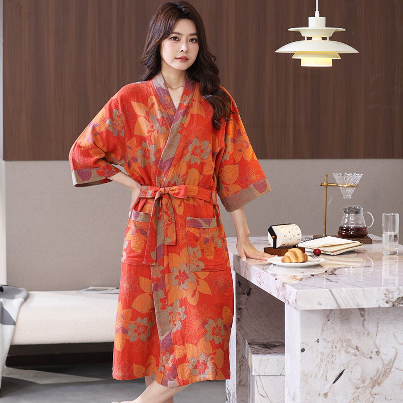Picture of Class A Spring and Summer Thin Pajamas Pure Cotton Double Gauze Bathrobe Home Clothes Nightgown Couple's Water Absorbent Quick-drying Bathrobe