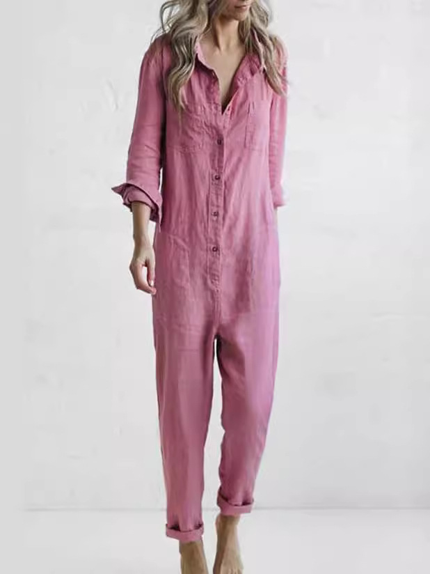 Picture of 2024 cross-border foreign trade hot casual lapel pocket long sleeve solid color cotton jumpsuit green