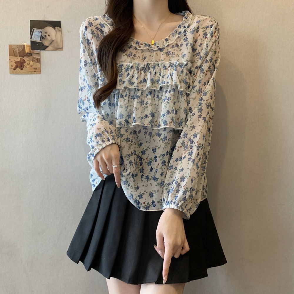 Real shot 2025 spring plus size women's French chic top bubble sleeve shirt doll collar shirt