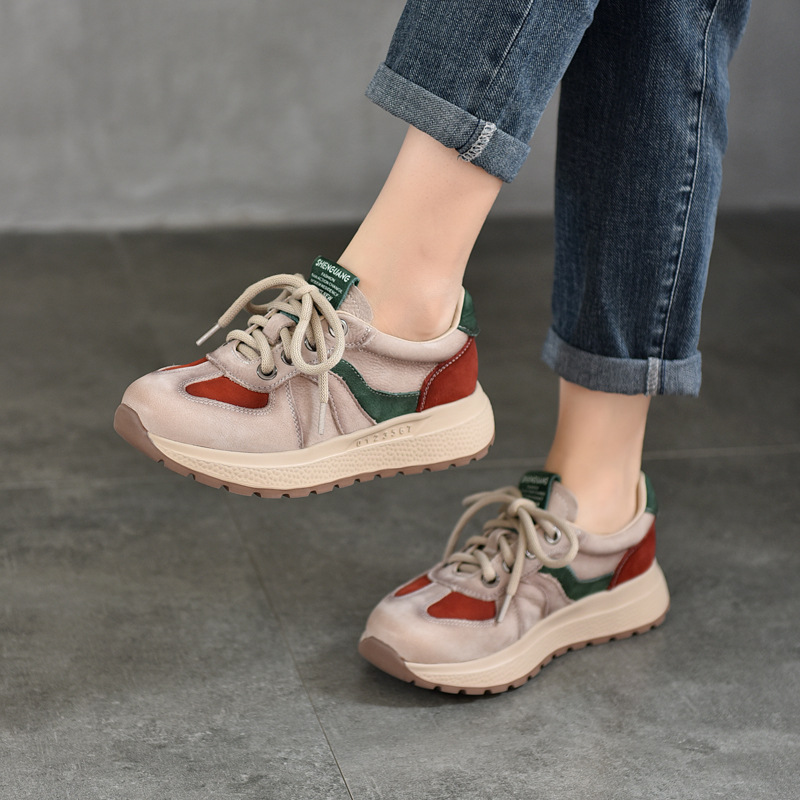 2025 Spring New Genuine Leather Single-layer Shoes Light Sports Casual Women's Shoes Top Layer Cowhide Color-block Lace-up Women's Single-layer Shoes