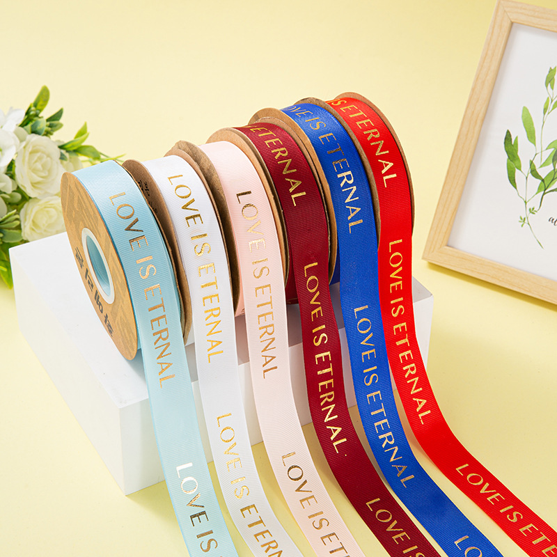 2.5cmLOVE Bronzing Letter Thread Flower Packaging Belt Heartwarming English Ribbon Flower Blossom Flower Material Ribbon