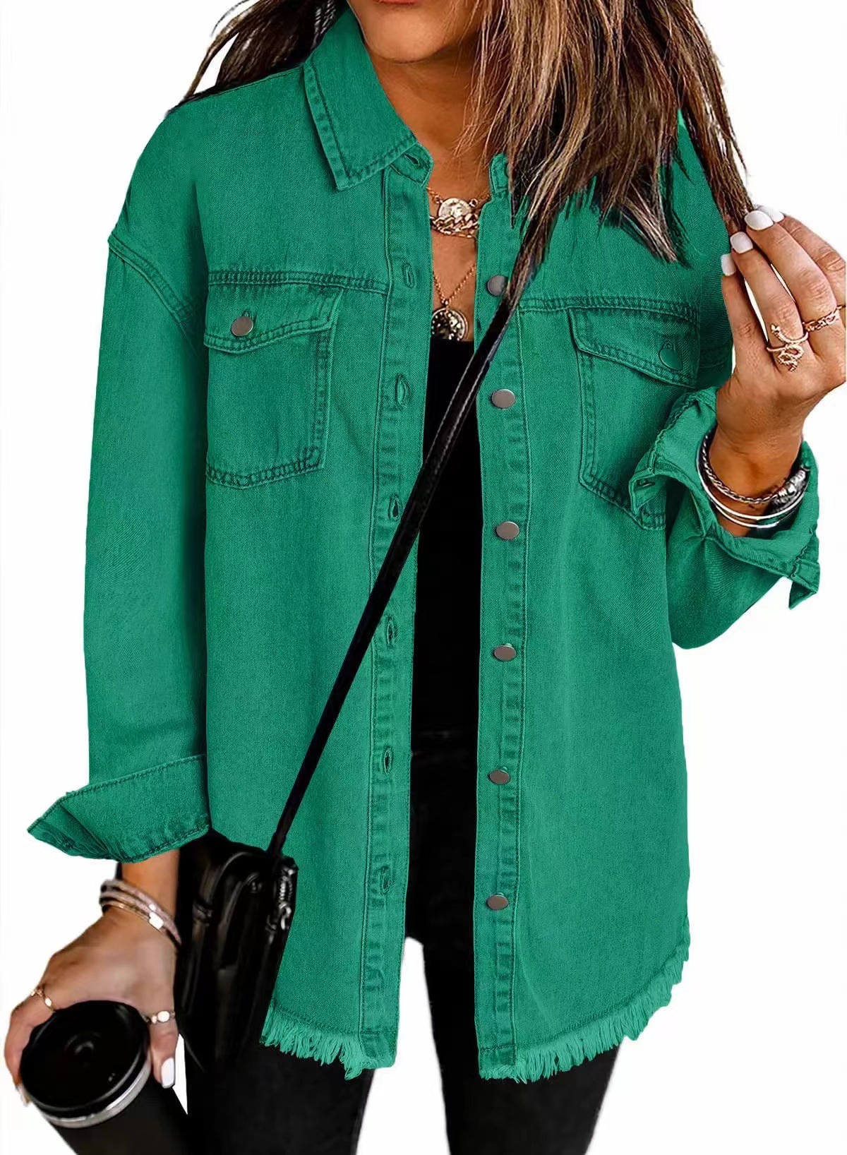 Picture of 2025 European and American Cross-Border Sales Amazon Standing New Raw Edge Denim Casual Loose Jacket Shirt
