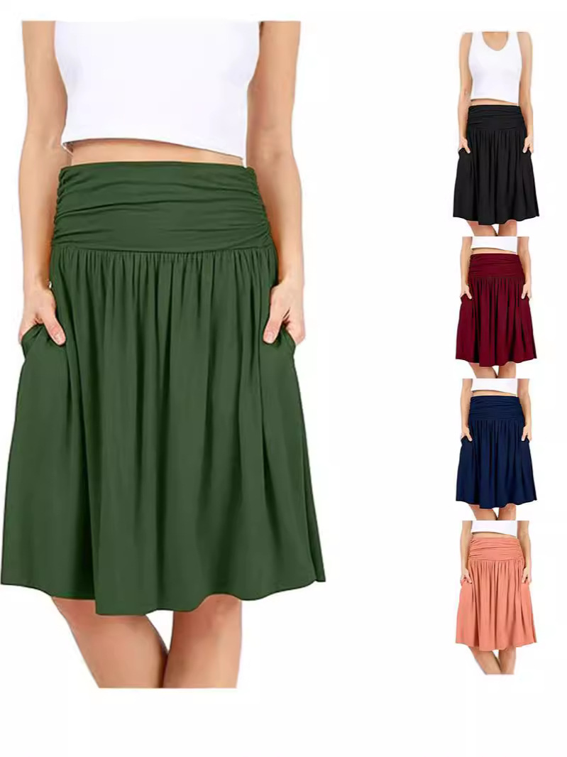 8866 Hot Selling 2024 Amazon Cross-border European and American Women's Women's Wear Pleated Elegant Mid-length Skirt with Pocket