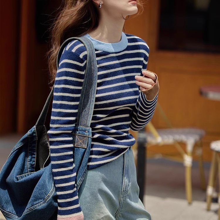 Picture of 1313 Chic Blue Striped Merino Wool Alpaca Base Sweater Soft Waxy Sweater