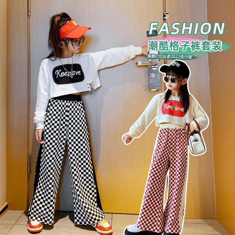 Picture of Girls' Korean style Spring and Autumn new casual suit children's western style letter short top fashionable plaid pants two-piece suit