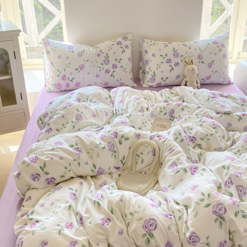 Picture of Mother and infant ins cloud feeling super soft washed wrinkled cotton four-piece set A floral fresh quilt cover dormitory bed sheets three-piece set