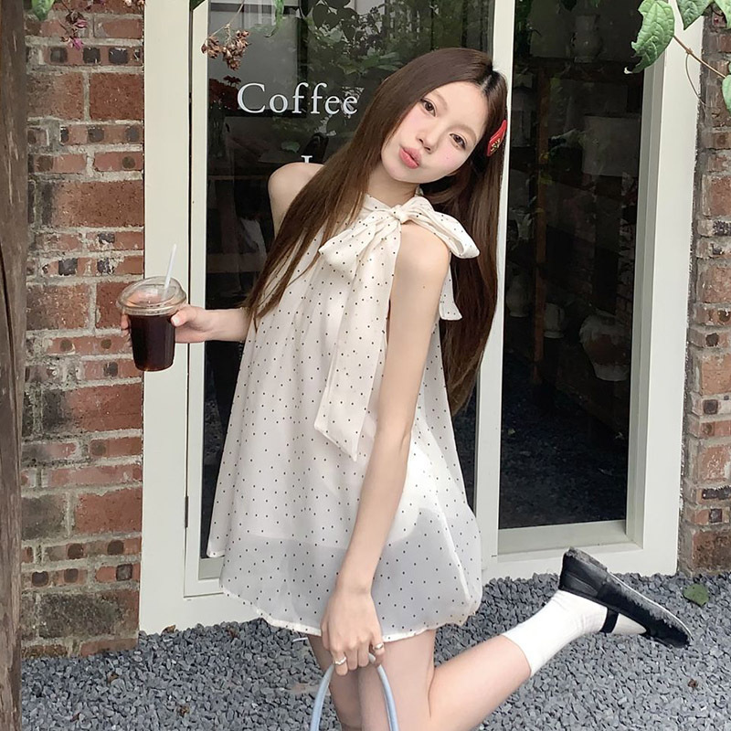 Lace-up Bow Polo Dot Neck Strap Top Women's Summer Elegant Fresh and Loose All-match Shoulder Strap Small Shirt