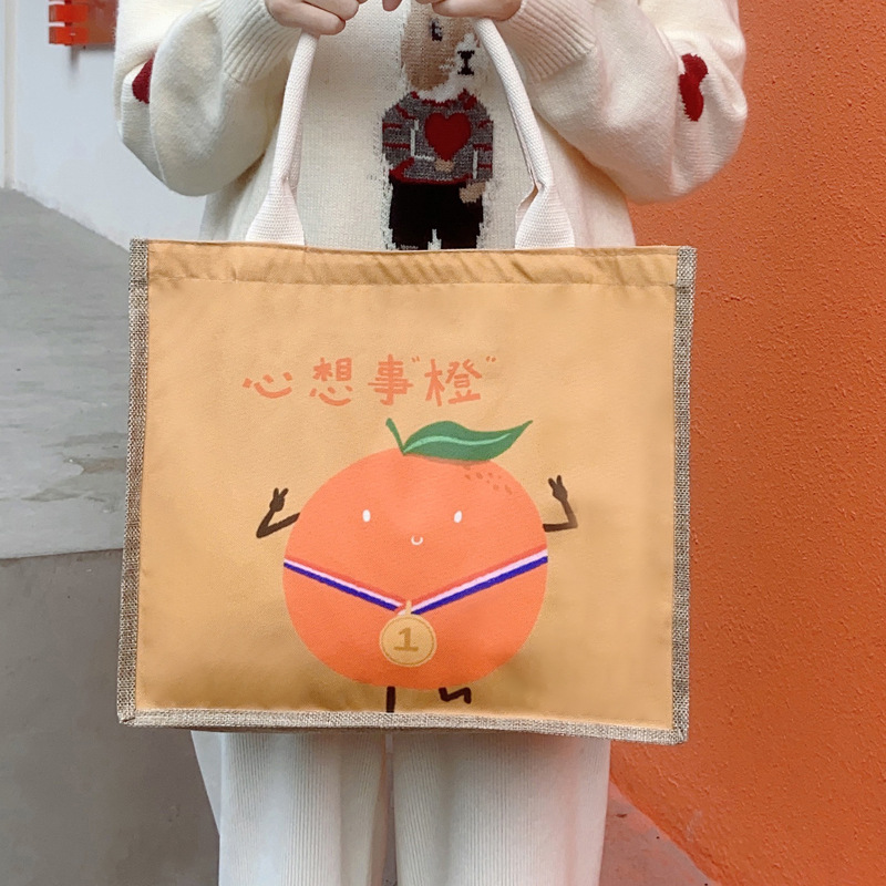 Daifa Cute Simple Linen Bag Handbag Trendy Cartoon Artistic Change Lunch Bag Lunch Box Bag Women's logo
