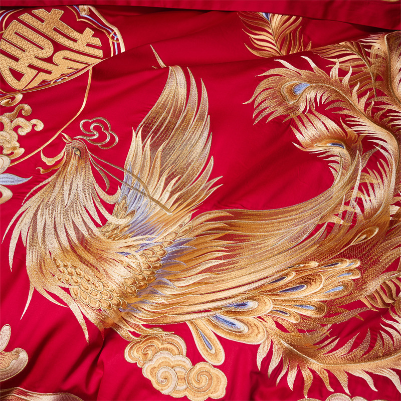 Picture of High-End 120S Pure Cotton Long-Staple Cotton Wedding Four-Piece Set New Chinese Style Dragon and Phoenix Embroidery Wedding Red Bedding
