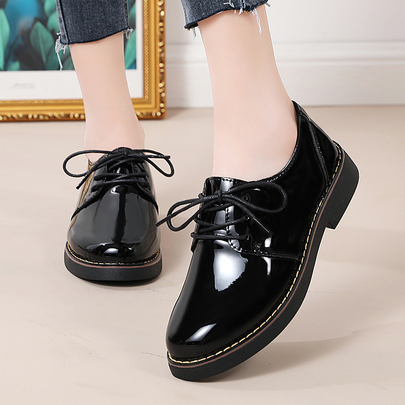 Black Lefu leather shoes for women 2023 new soft leather British style retro flat lace-up thick bottom mirror shoes for women