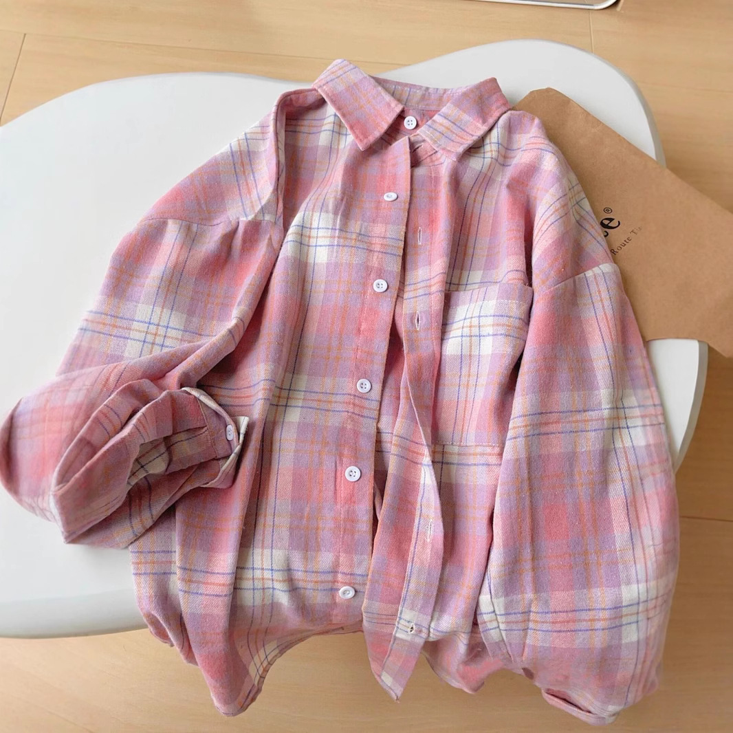 Pink Cotton Plaid Women's Shirt Spring & Fall Japanese Style Style Ins Slim Long-Sleeved Shirt with Casual Lapel Top