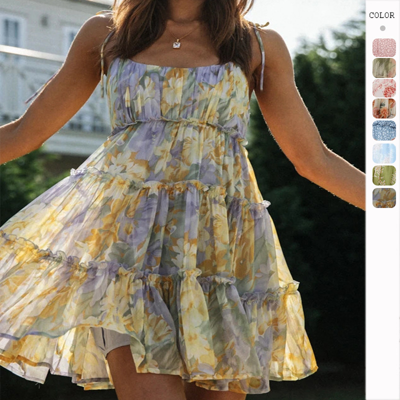 Cross-border Amazon Spring and Summer New Holiday Style Sexy Printed High-end European and American Sling dress Women's Lint