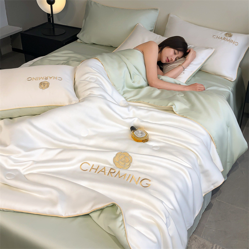 Picture of Class a Washed Ice Silk Summer Quilt Four-Piece Set of Summer Cool Quilt That Can Sleep Naked, Embroidered Air-Conditioned Quilt, Cool Silk Summer Thin Quilt