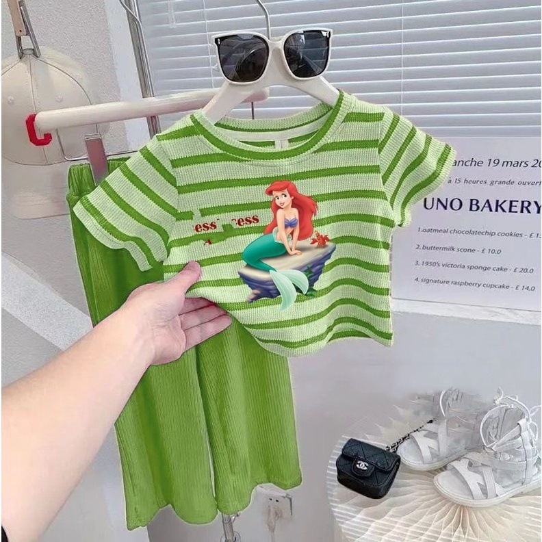 Baby Girl's Striped Short-sleeved suit 2025 Summer New Arrival Cartoon Printed Western Style Cool Wide-leg Pants Two-piece Set for Children