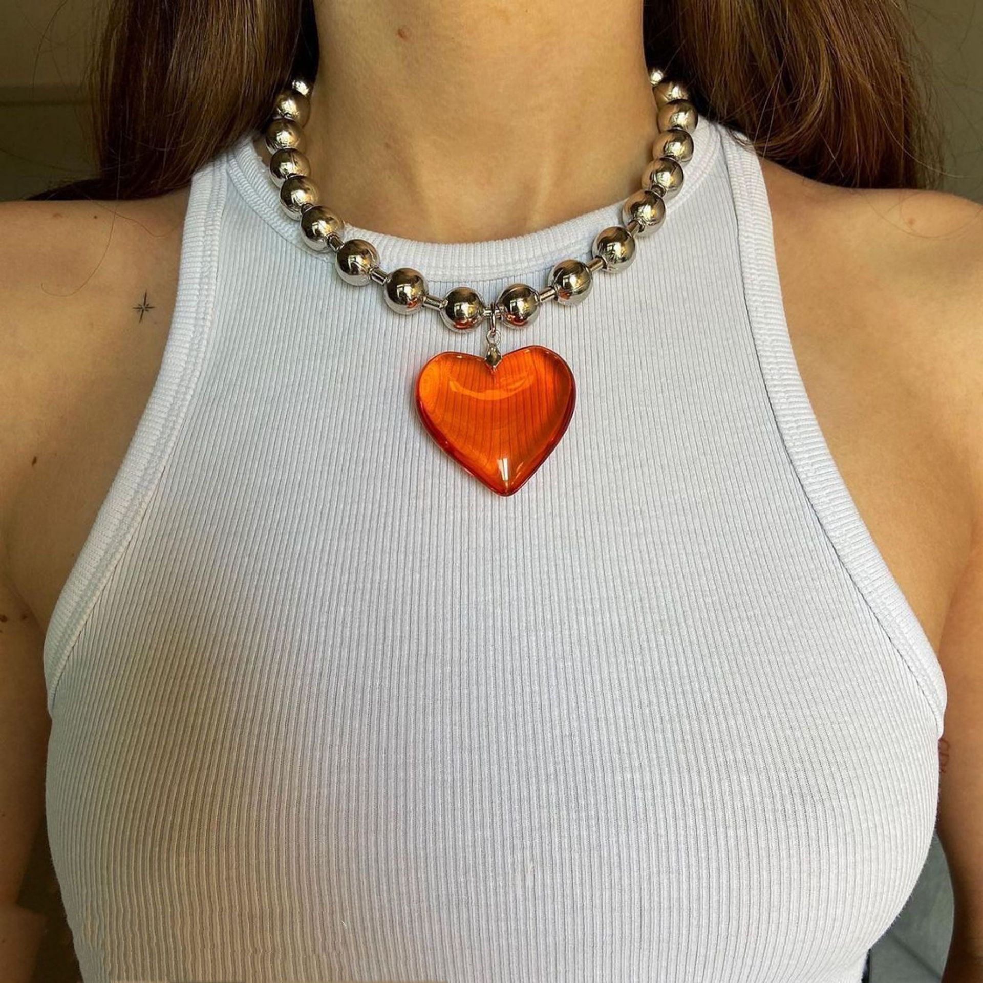 Korean Style Ball Chain Glass Heart Pendant Necklace Ins Female Simple Bead Chain Niche Cold Style Hip-Hop Clavicle Chain