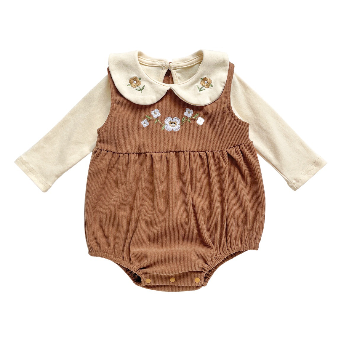 Korean style baby jumpsuit spring and autumn baby girl's overalls long-sleeved shirt two-piece embroidered bag fart romper suit