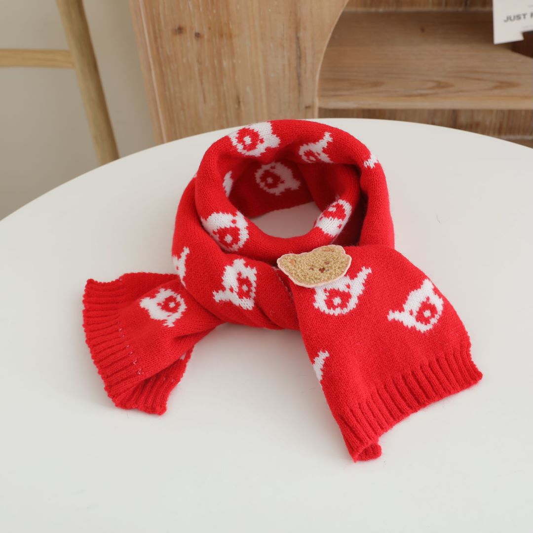 Picture of Children's Woolen Scarf Korean Style Color-Blocked Stripesd Knitted Embroidered Korean Bear Cute Woolen Scarf for Boys and Girls