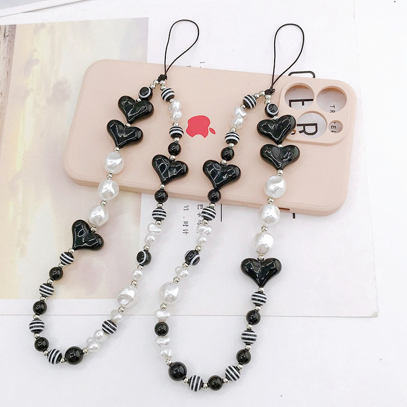 New beaded mobile phone chain black and white love mobile phone lanyard mobile phone pendant striped beads love anti-lost portable trend