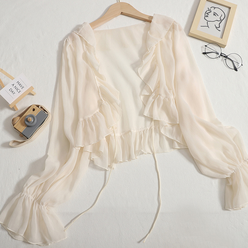 Picture of New Ruffled Chiffon Sun Protection Clothing Shawl Factory Autum with Suspender Skirt Blouse Bell Sleeve Cardigan Short Outwear