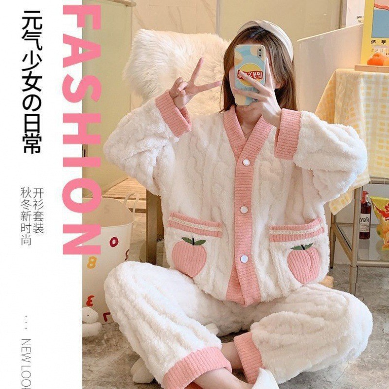 Autumn and winter thickened oolong peach pajamas cardigan set can be worn outside, loungewear warmth, small fragrance flannel pajamas women