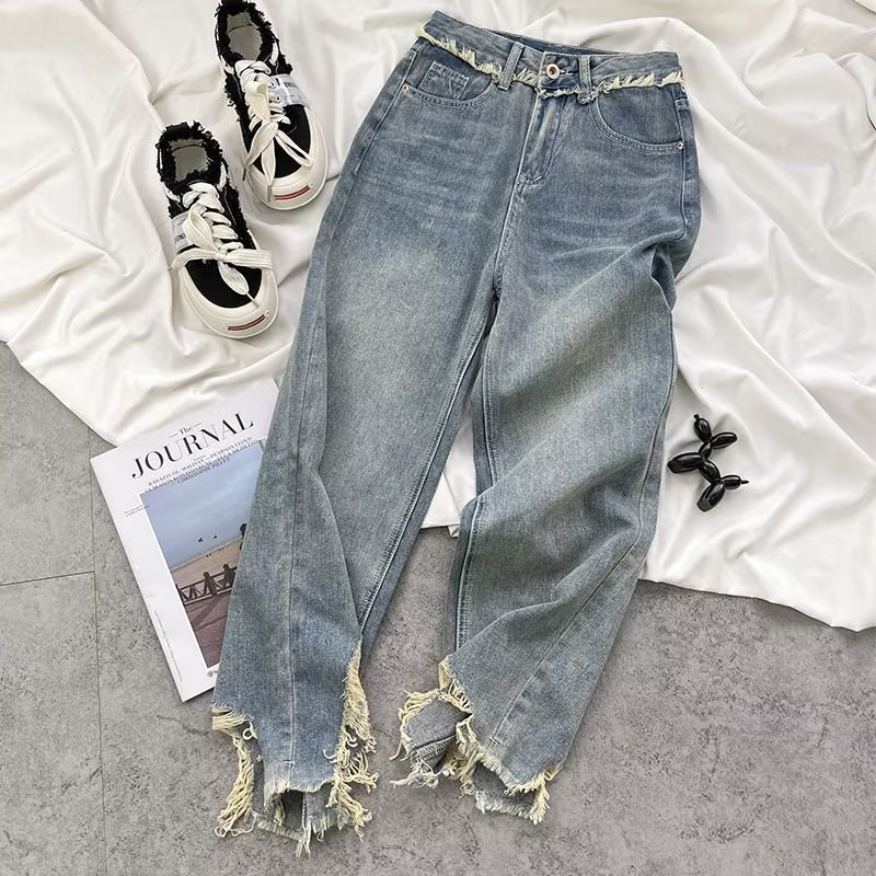 Autumn New Design Sense Trouser Legs Contrast Color Tear Edge Cowboy Women's Hong Kong Flavor Large Size High Street Loose Wide Leg Floor Trousers
