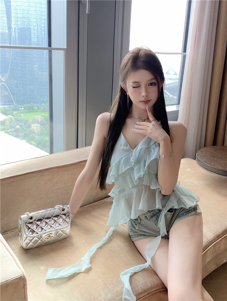 Pure Desire Mint Mambo Halter Vest Women's Summer 2024 New Irregular Ruffled Ribbon Short Top