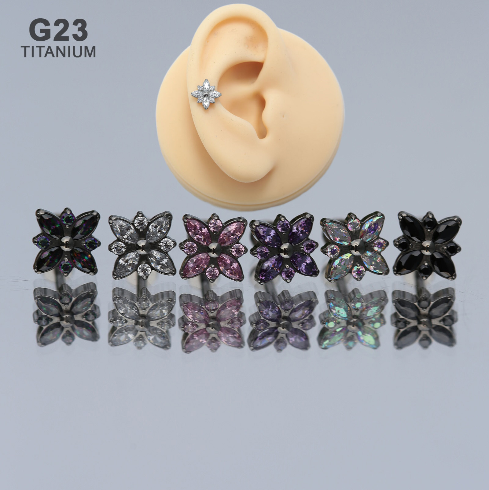 Titanium alloy F136 flower ear nail ear bone nail zircon internal thread G23 puncture perforated jewelry titanium