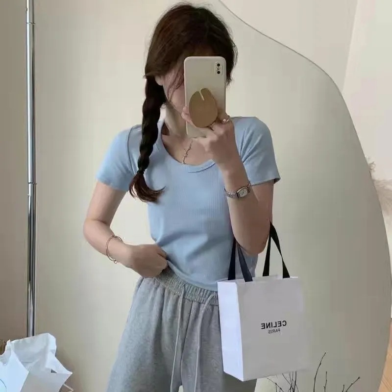 Basic Solid Color Shoulder Round Neck Short-sleeved T-shirt Women's Summer Short High Waist Navel Slim-fit Slim-fit Tight T-shirt Clothes Trendy
