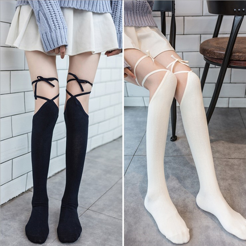 Bundled Long Black and White Pile Socks Cross-Strap Over-The-Knee Socks Long-Tube Women's Japanese Style Lolita Mid-High Socks