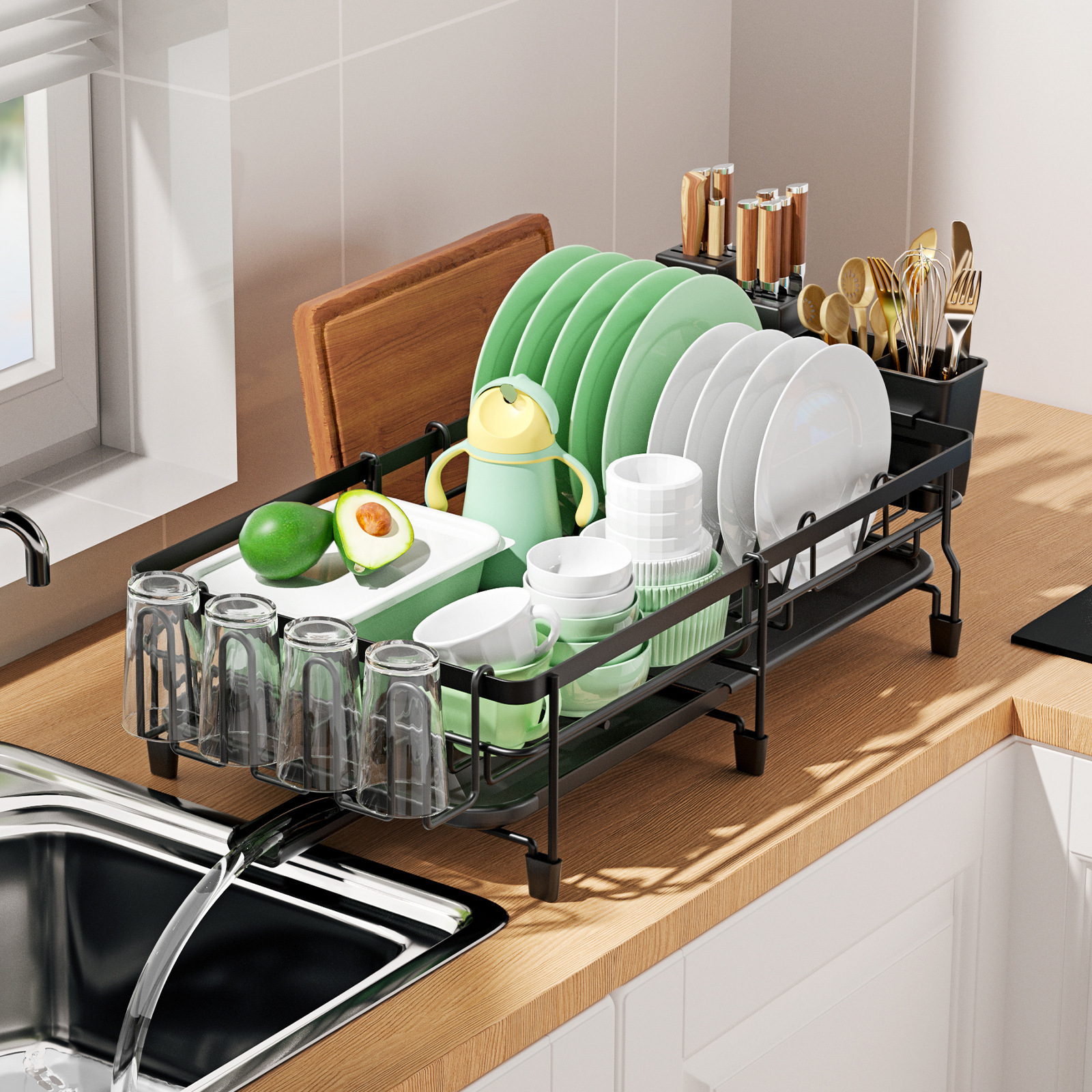 New Amazon Kitchen Dish Rack Household Rust-Proof Countertop Telescopic Drain Bowl Rack Multi-Functional Cup Holder Chopstick Barrel