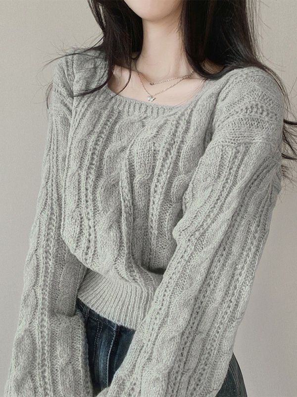 Picture of Korean style retro twist square collar pullover long sleeve sweater women's autumn and winter New loose short lazy style knitted top