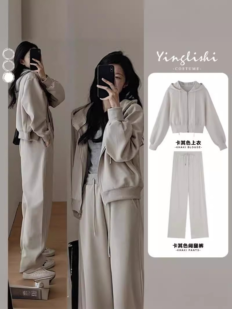 Spring and Autumn Casual Sweatshirt Sports suit Women's Fashion Hong Kong Style Slimming Age-reducing Wide Leg Pants Hooded Running Two-piece Fashionable Set