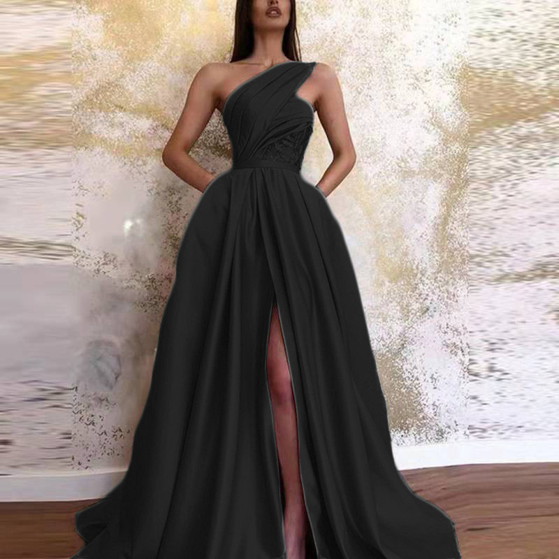 Picture of Temperament Sloping Shoulder Evening Gown Sexy Slit Sloping Shoulder Evening Dress