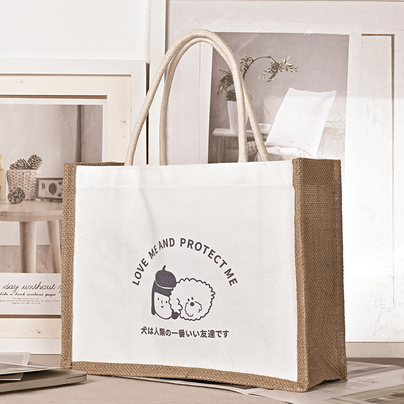 Canvas bag in stock cotton and linen handbag Japanese shopping bag linen bag gift cartoon printed logo canvas bag
