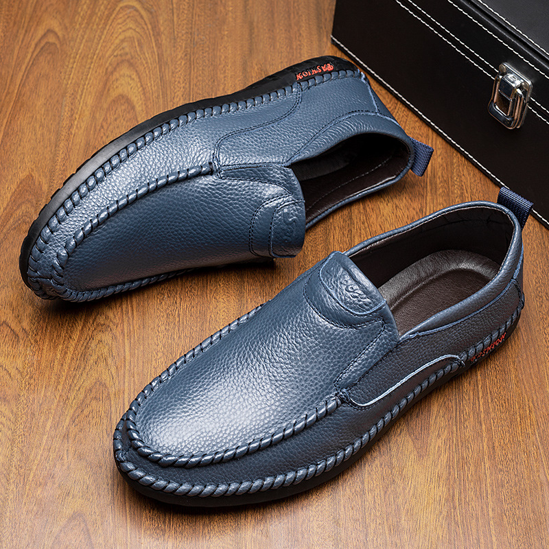 Top-grain cowhide casual leather shoes, men's formal business British slip-on shoes, genuine leather trendy fashion dad shoes