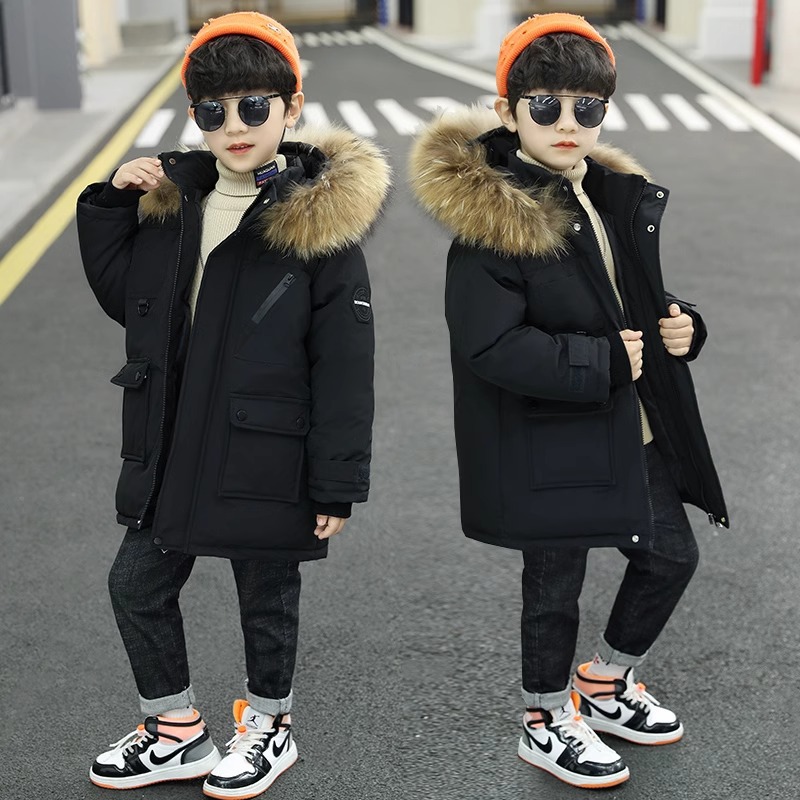 Boys' Middle and Large Children's Down Cotton-padded Clothes Children's fleece-lined Children's Long Coat Boys Korean Men's Cotton-padded Clothes in Autumn and Winter