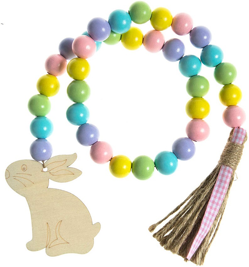 Picture of Easter Bunny Fringed Wooden Beads Garland Decoration, Amazon Farmhouse Country Village Beads Holiday Decoration