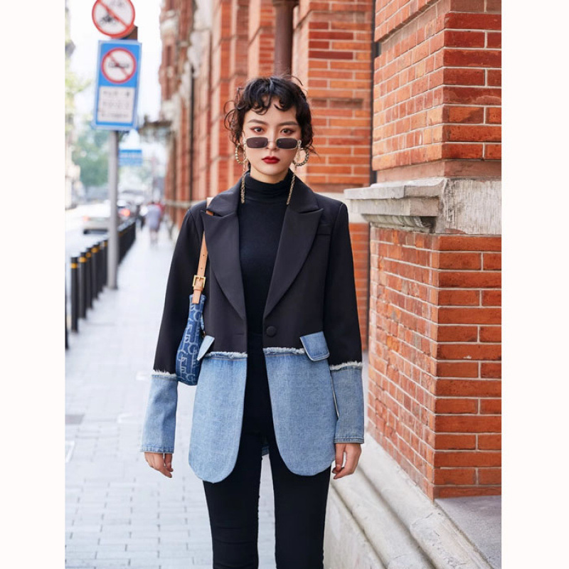 Denim Stitching Suit Jacket Casual Loose Top Design Sense