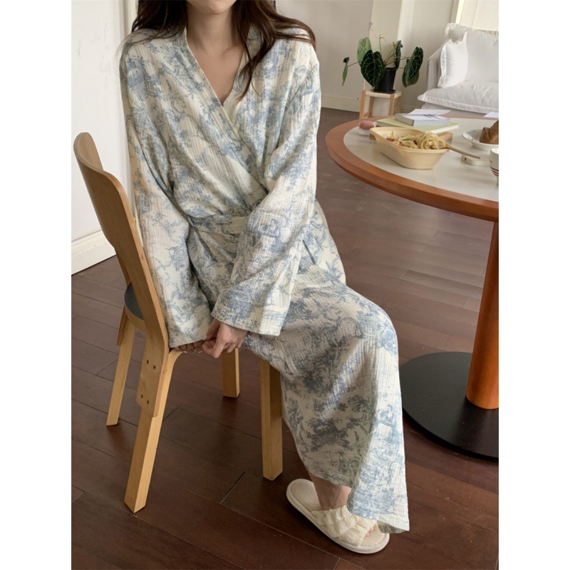 Picture of South Korea ins Women's Autumn New Korean Style Gentle Style Korean Style Ink Flower Sweet Home Clothes Nightgown Bathrobe Women