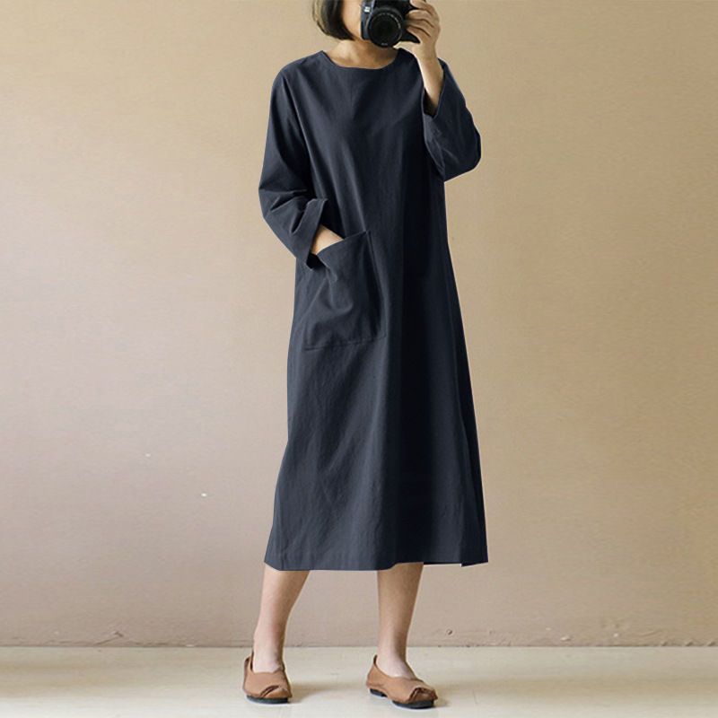 Picture of Cross-border Spring and Autumn Cotton and Linen dress Mid-length Artistic Retro Long-sleeved Japanese Mori Women's plus size Dress Trend