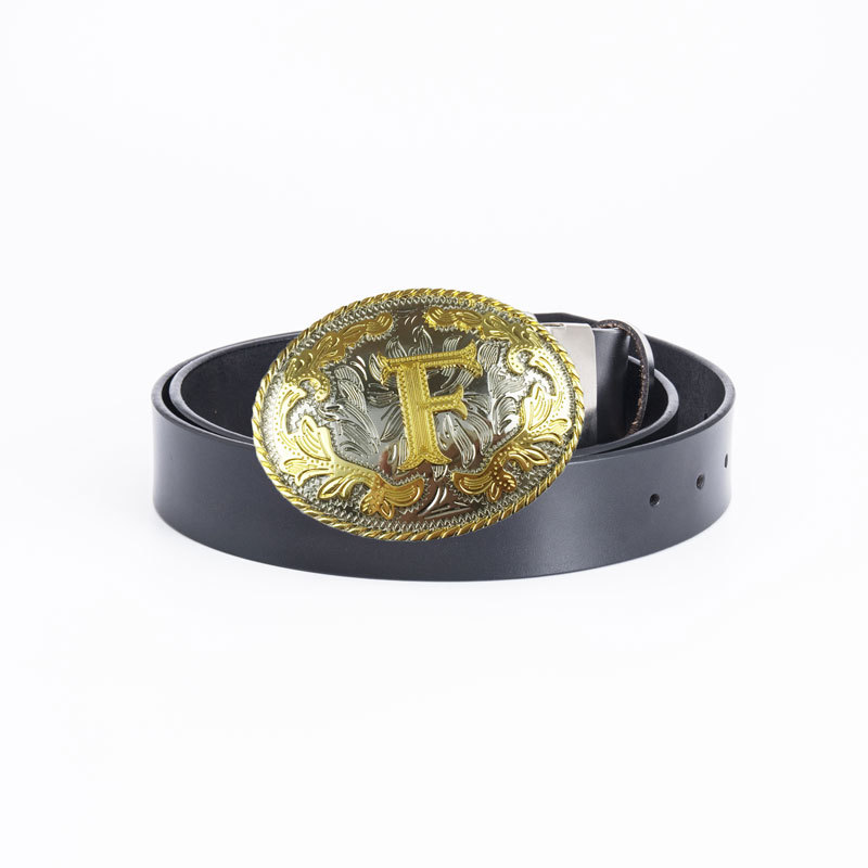 Picture of Golden men's belt whole two-layer cowhide fashion retro perforated belt buckle 3.8cm wide cross-border e-commerce