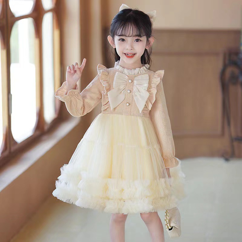 Girls' Birthday Dress 2024 Autumn and Winter Fashion Bow Stitching Mesh Puffed Cake Dress for Girls