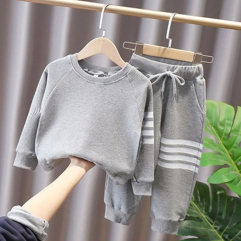 Waffle Sports Suit 2021 Autumn and Winter New Style Unisex Casual Two-Piece Set for Boys and Girls, Trendy Outfit