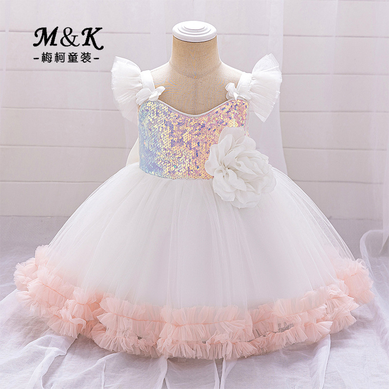 Summer 2025 Girl's Dress Sequin Decal Mesh Dress Small Flying Sleeve Children's Dress One Year Birthday Dress Flower Girl Dress